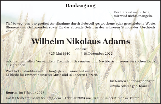 Traueranzeige von Wilhelm Nikolaus Adams von trierischer_volksfreund