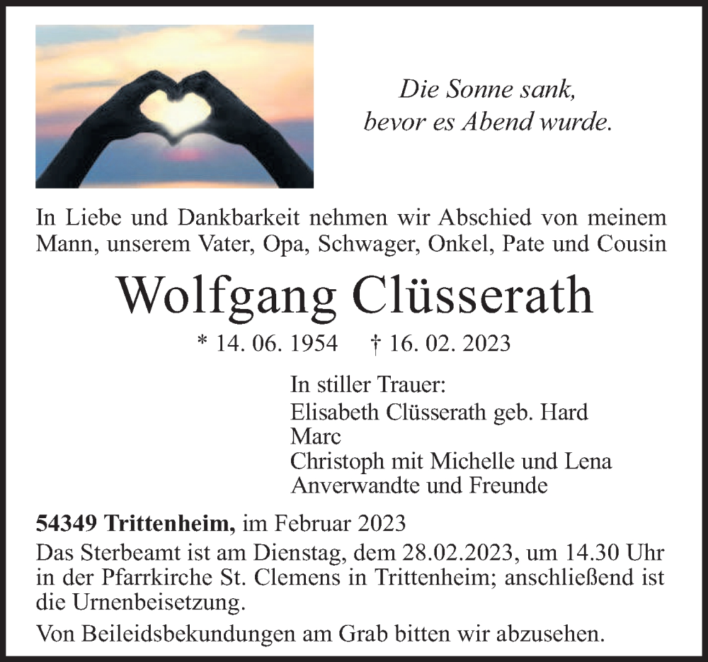  Traueranzeige für Wolfgang Clüsserath vom 25.02.2023 aus trierischer_volksfreund
