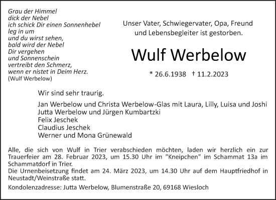 Traueranzeige von Wulf Werbelow von trierischer_volksfreund