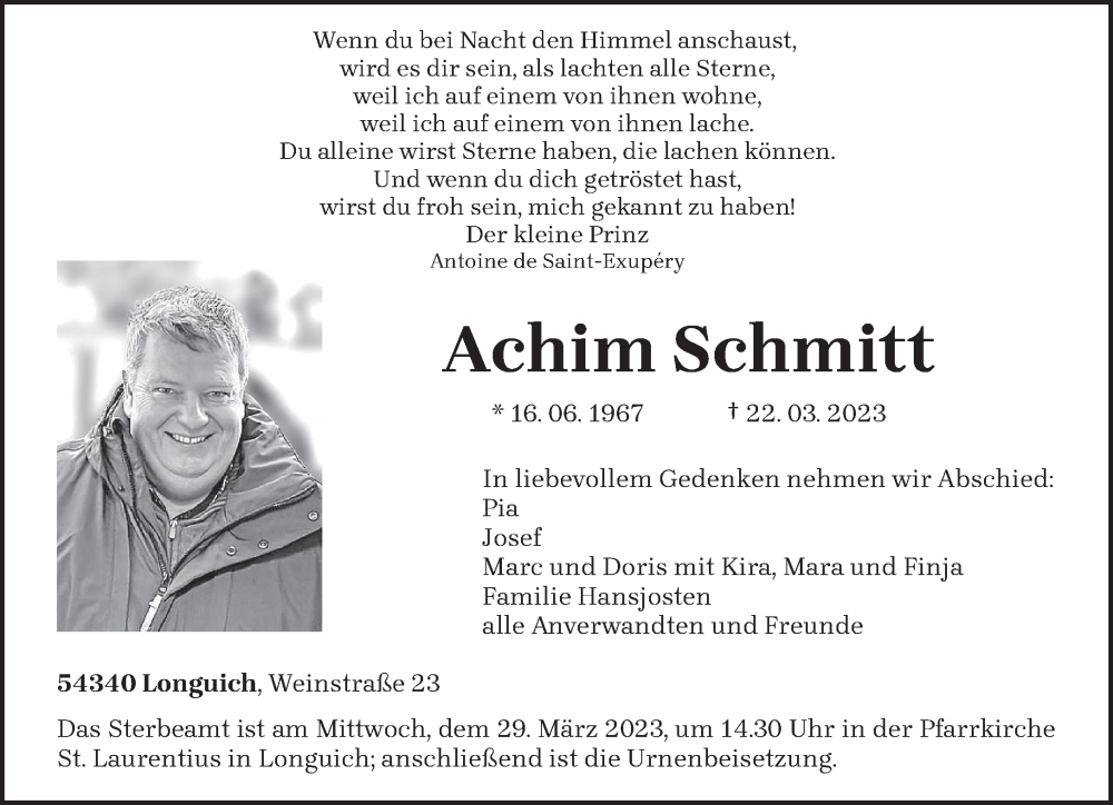  Traueranzeige für Achim Schmitt vom 25.03.2023 aus trierischer_volksfreund