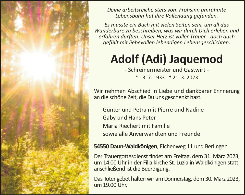  Traueranzeige für Adolf Jaquemod vom 25.03.2023 aus trierischer_volksfreund