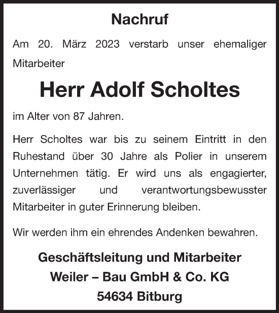 Traueranzeige von Adolf Scholtes von trierischer_volksfreund