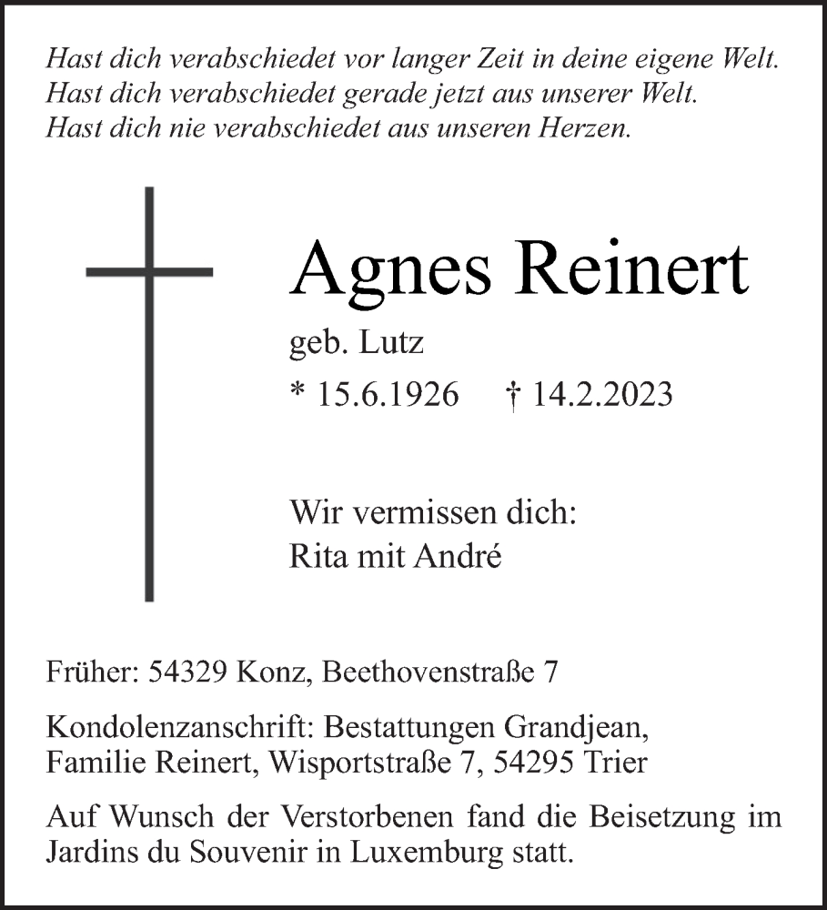  Traueranzeige für Agnes Reinert vom 01.03.2023 aus trierischer_volksfreund