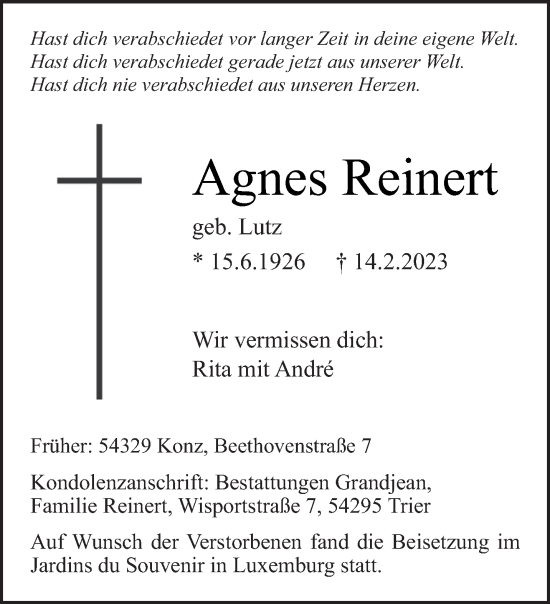 Traueranzeige von Agnes Reinert von trierischer_volksfreund