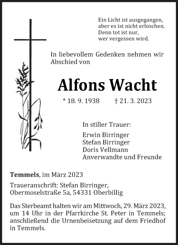  Traueranzeige für Alfons Wacht vom 25.03.2023 aus trierischer_volksfreund