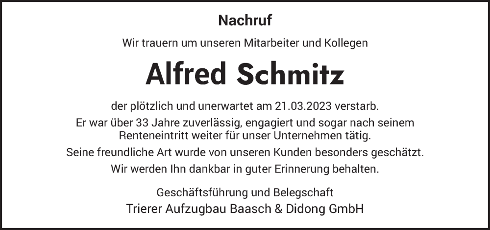  Traueranzeige für Alfred Schmitz vom 25.03.2023 aus trierischer_volksfreund
