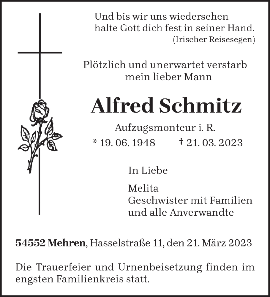  Traueranzeige für Alfred Schmitz vom 25.03.2023 aus trierischer_volksfreund