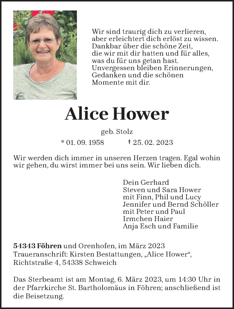  Traueranzeige für Alice Hower vom 03.03.2023 aus trierischer_volksfreund