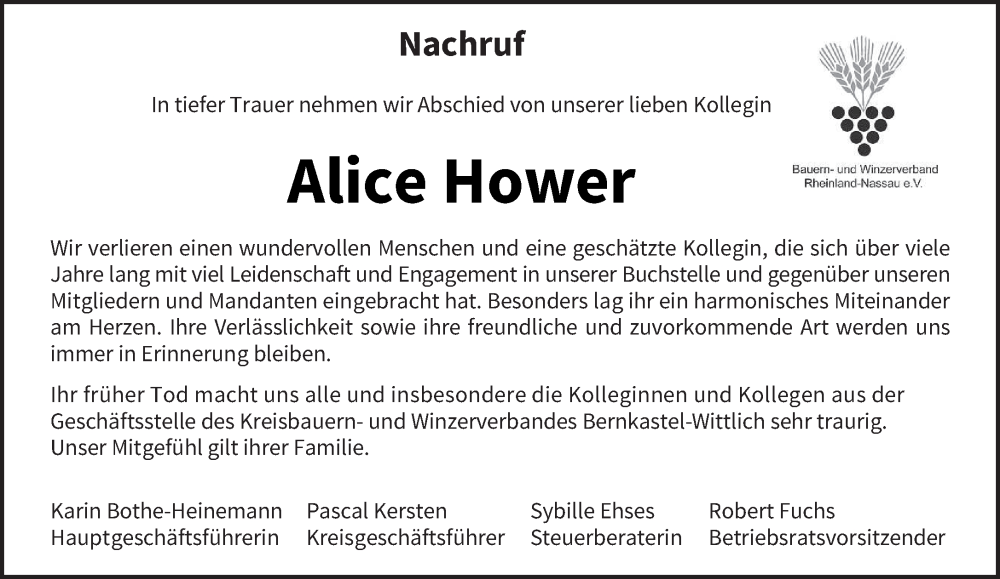 Traueranzeige für Alice Hower vom 08.03.2023 aus trierischer_volksfreund