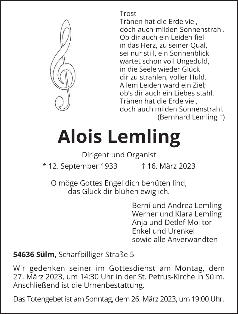  Traueranzeige für Alois Lemling vom 22.03.2023 aus trierischer_volksfreund