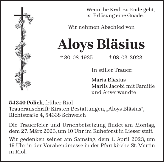 Traueranzeige von Aloys Bläsius von trierischer_volksfreund