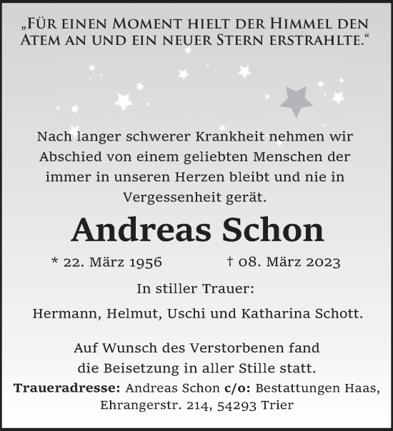Traueranzeige von Andreas Schon von trierischer_volksfreund