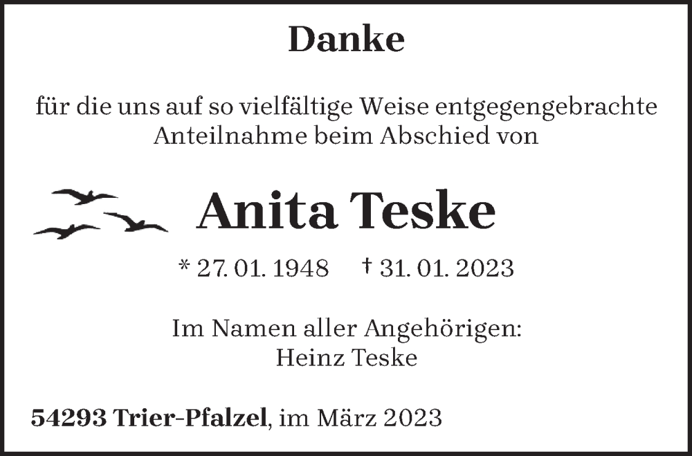  Traueranzeige für Anita Teske vom 29.03.2023 aus trierischer_volksfreund