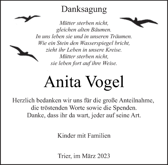 Traueranzeige von Anita Vogel von trierischer_volksfreund