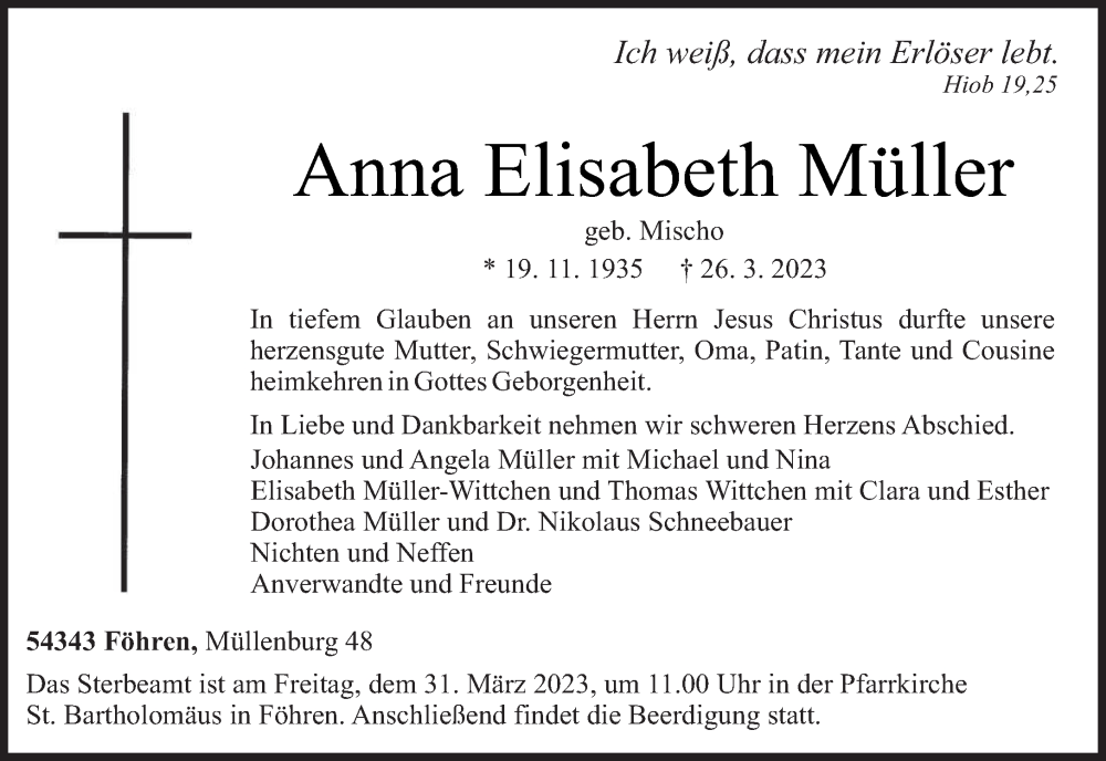  Traueranzeige für Anna Elisabeth Müller vom 28.03.2023 aus trierischer_volksfreund