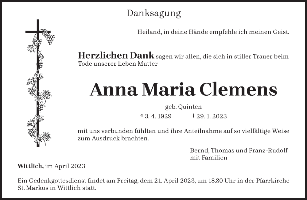  Traueranzeige für Anna Maria Clemens vom 11.03.2023 aus trierischer_volksfreund