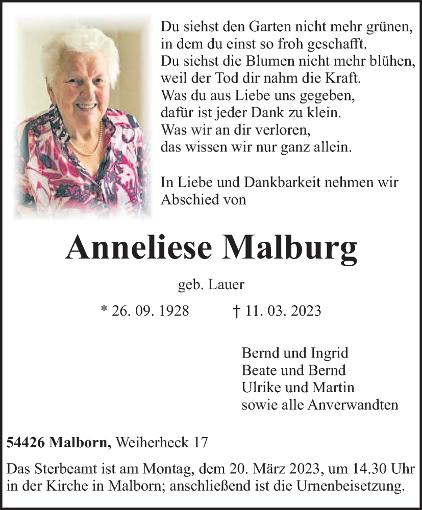  Traueranzeige für Anneliese Malburg vom 15.03.2023 aus trierischer_volksfreund