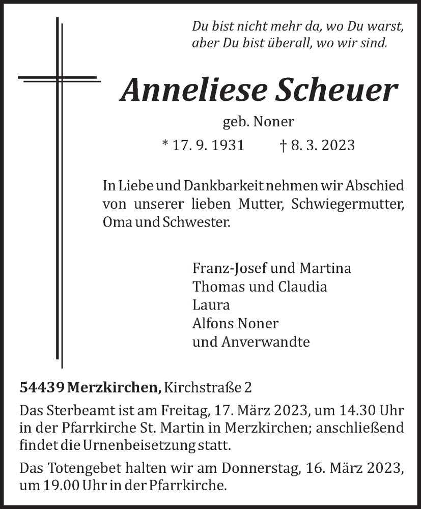  Traueranzeige für Anneliese Scheuer vom 14.03.2023 aus trierischer_volksfreund