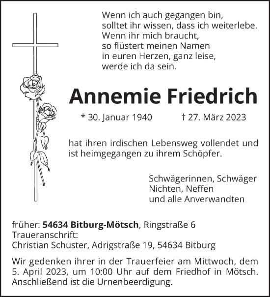 Traueranzeige von Annemie Friedrich von trierischer_volksfreund