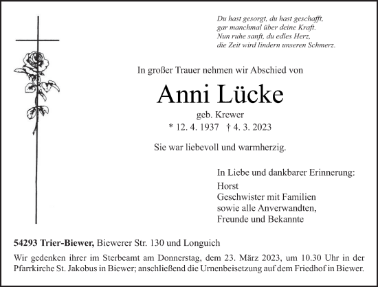 Traueranzeige von Anni Lücke von trierischer_volksfreund