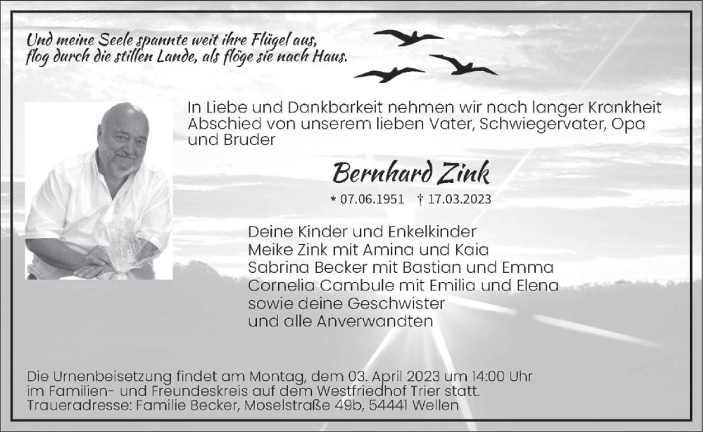  Traueranzeige für Bernhard Zink vom 25.03.2023 aus trierischer_volksfreund