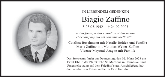 Traueranzeige von Biagio Zaffino von trierischer_volksfreund