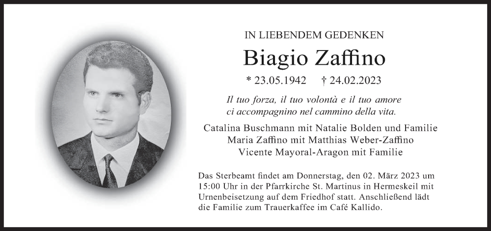  Traueranzeige für Biagio Zaffino vom 28.02.2023 aus trierischer_volksfreund
