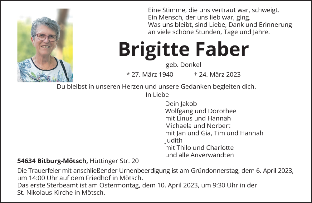  Traueranzeige für Brigitte Faber vom 30.03.2023 aus trierischer_volksfreund