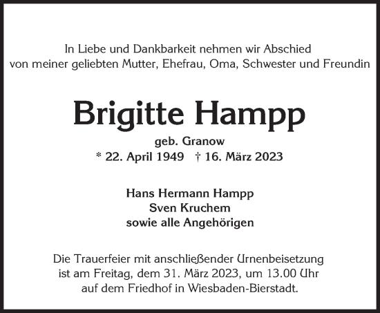 Traueranzeige von Brigitte Hampp von trierischer_volksfreund