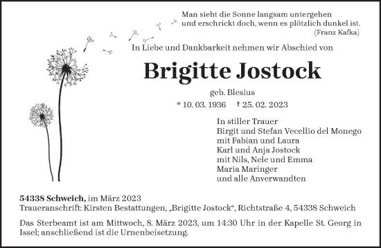 Traueranzeige von Brigitte Jostock von trierischer_volksfreund