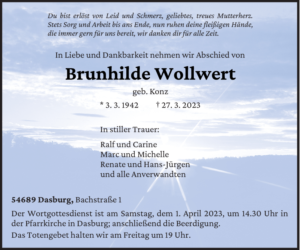  Traueranzeige für Brunhilde Wollwert vom 29.03.2023 aus trierischer_volksfreund