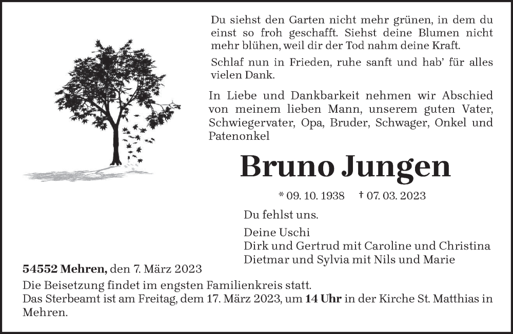  Traueranzeige für Bruno Jungen vom 11.03.2023 aus trierischer_volksfreund