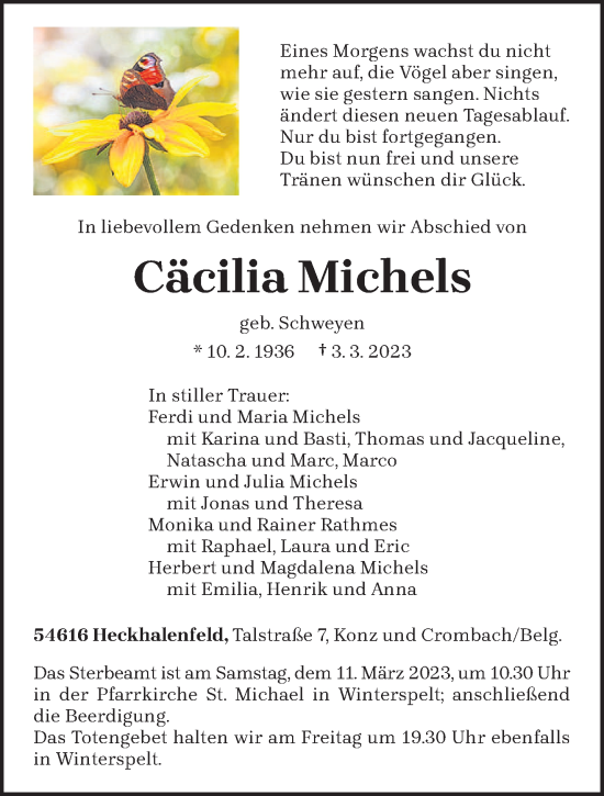 Traueranzeige von Cäcilia Michels von trierischer_volksfreund