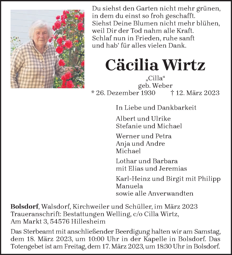  Traueranzeige für Cäcilia Wirtz vom 14.03.2023 aus trierischer_volksfreund