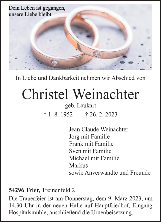 Traueranzeige von Christel Weinachter von trierischer_volksfreund
