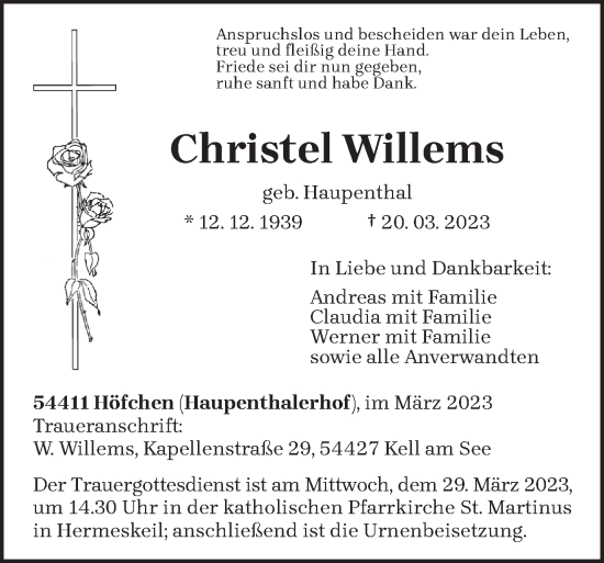 Traueranzeige von Christel Willems von trierischer_volksfreund