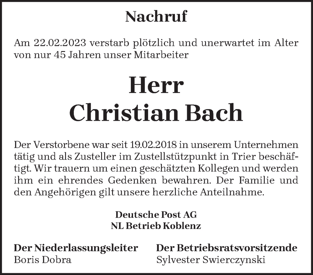  Traueranzeige für Christian Bach vom 08.03.2023 aus trierischer_volksfreund