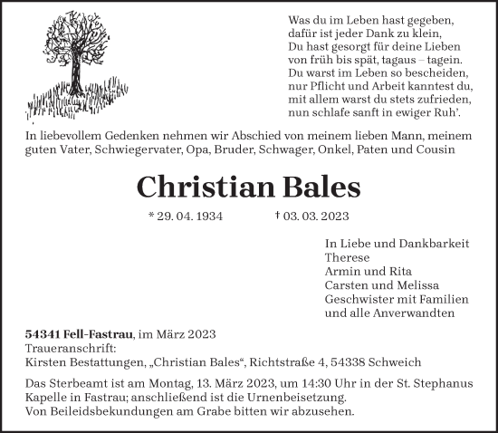 Traueranzeige von Christian Bates von trierischer_volksfreund