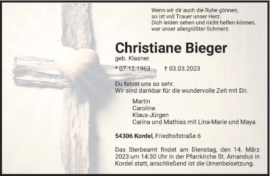 Traueranzeige von Christiane Bieger von trierischer_volksfreund