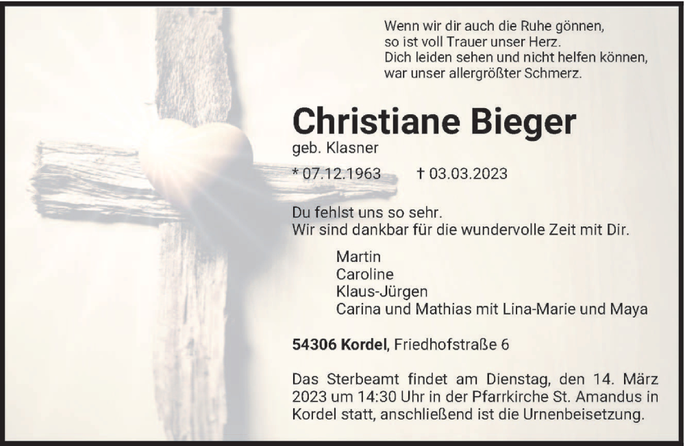  Traueranzeige für Christiane Bieger vom 08.03.2023 aus trierischer_volksfreund