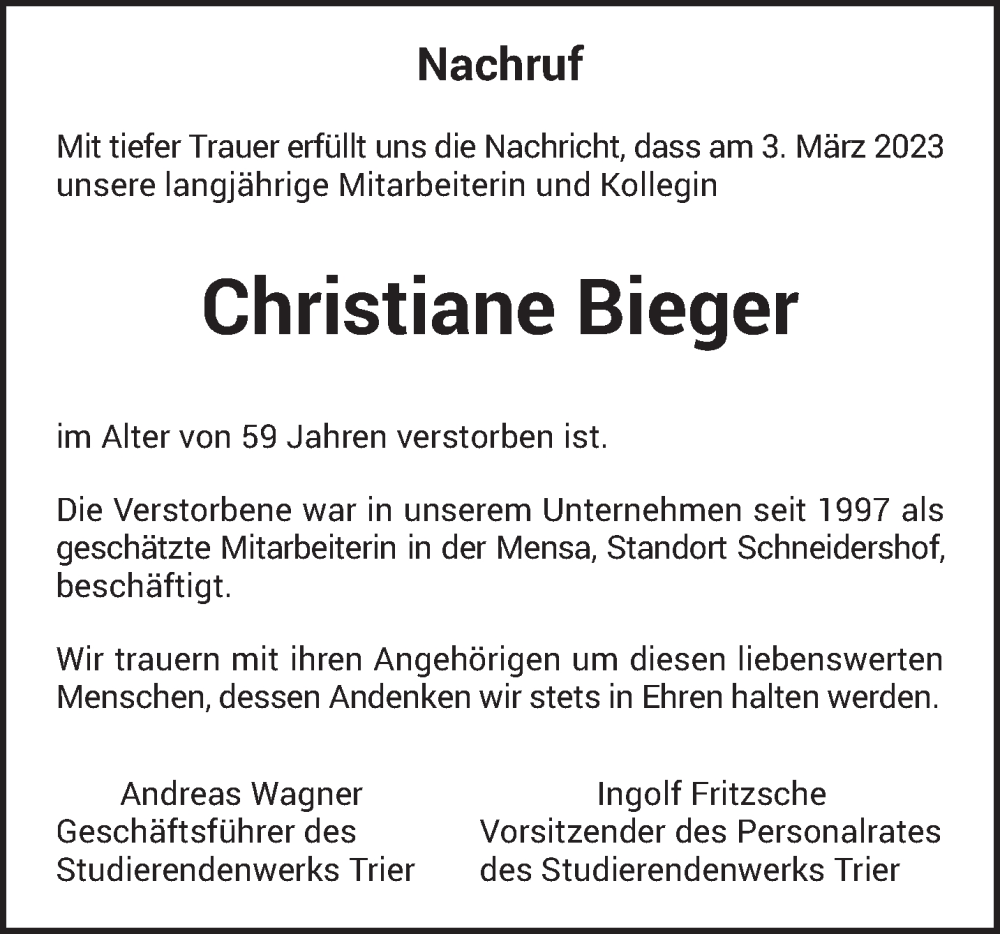  Traueranzeige für Christiane Bieger vom 09.03.2023 aus trierischer_volksfreund