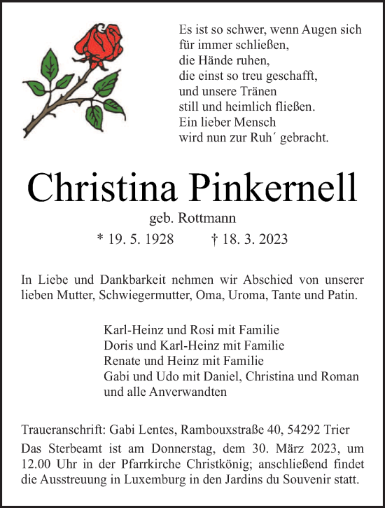 Traueranzeige von Christina Pinkernell von trierischer_volksfreund