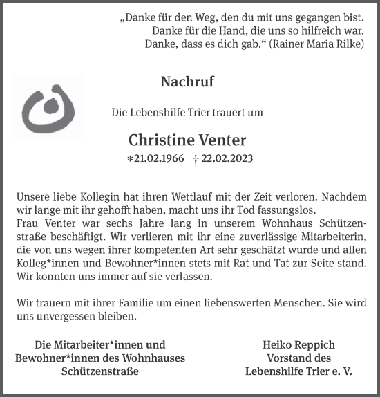 Traueranzeige von Christine Venter von trierischer_volksfreund