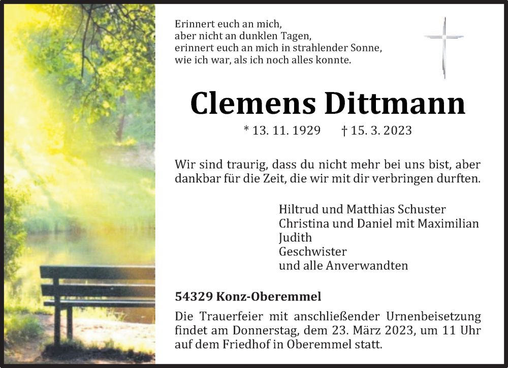  Traueranzeige für Clemens Dittmann vom 18.03.2023 aus trierischer_volksfreund