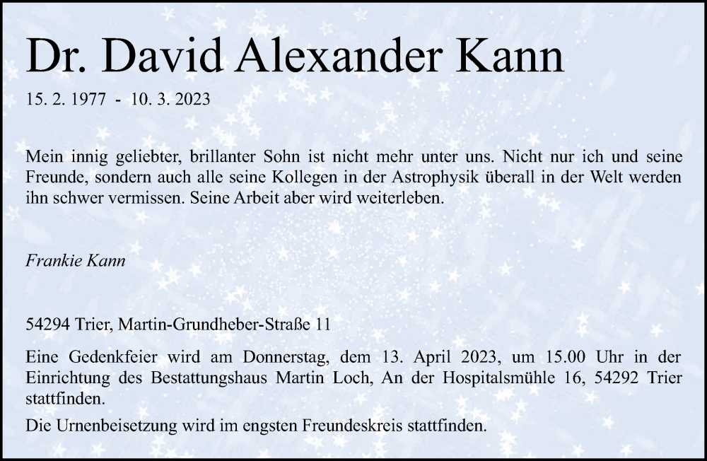  Traueranzeige für David Alexander Kann vom 18.03.2023 aus trierischer_volksfreund