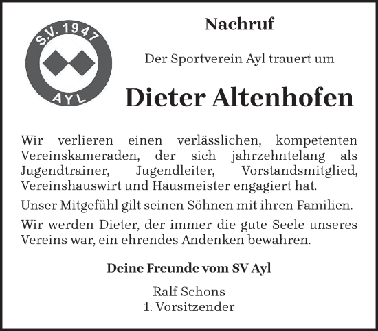 Traueranzeige von Dieter Altenhofen von trierischer_volksfreund