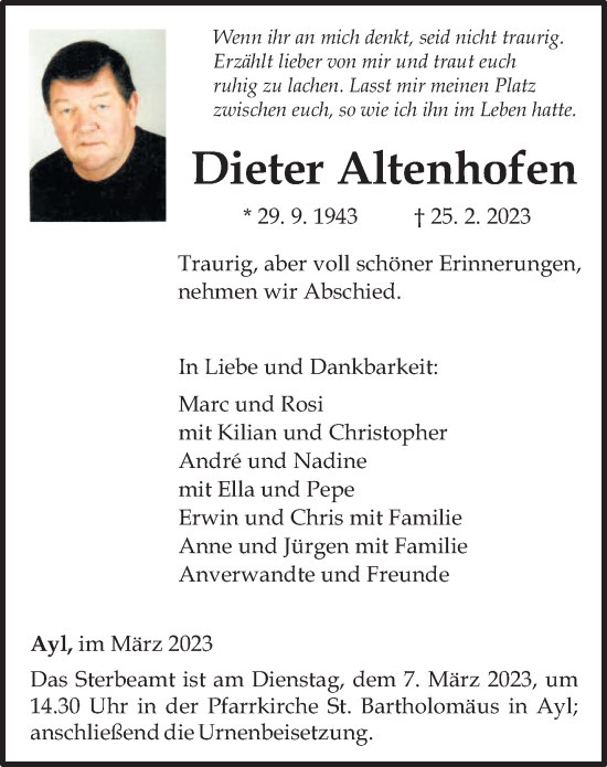 Traueranzeige von Dieter Altenhofen von trierischer_volksfreund
