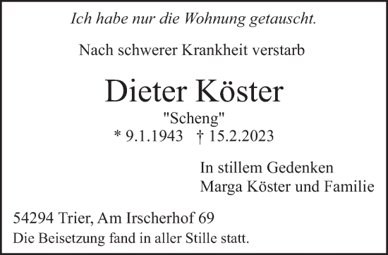 Traueranzeige von Dieter Köster von trierischer_volksfreund