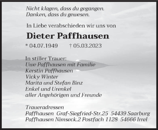 Traueranzeige von Dieter Paffhausen von trierischer_volksfreund