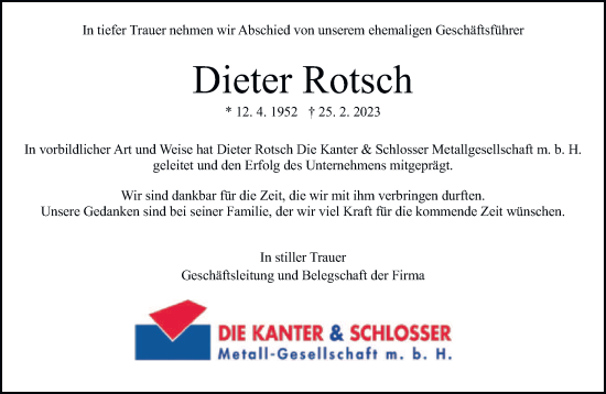 Traueranzeige von Dieter Rotsch von trierischer_volksfreund